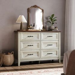 Dresser for Bedroom, Long Dresser with 6 Drawers and Antique Handles, Chest of Drawers for Living Room, Entryway and Hallway, Rustic Oak