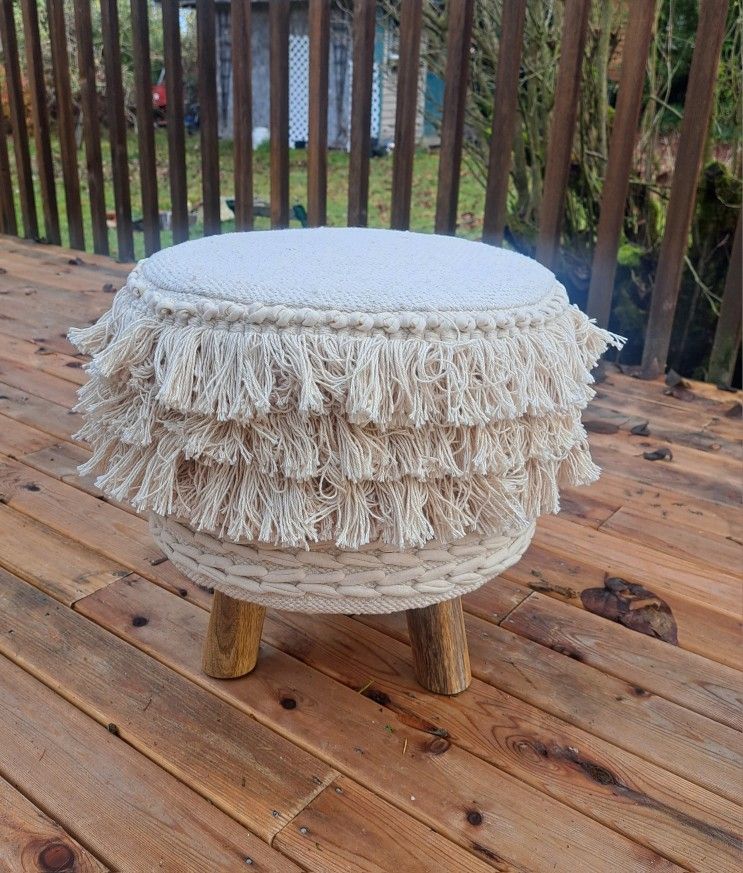 Short Round Biege Ottoman Foot Rest Stool Stand Home Decor Boho Shabby Chic Tassle Yarn Fabric