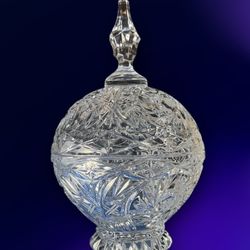 Crystal Hand Cut Covered Footed Heavy Candy Dish W/Tall Finial