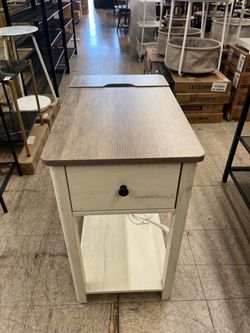 VASAGLE Side Table with Charging Station Nightstand w/ Storage - Vintage White / Greige