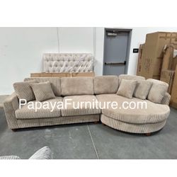 New 125” Deep Seating Comfortable Couch, Sectional, Large Sectional, Corduroy Sectional, Camel Beige Sectional, Brown Sectional With Round Chaise, Sof