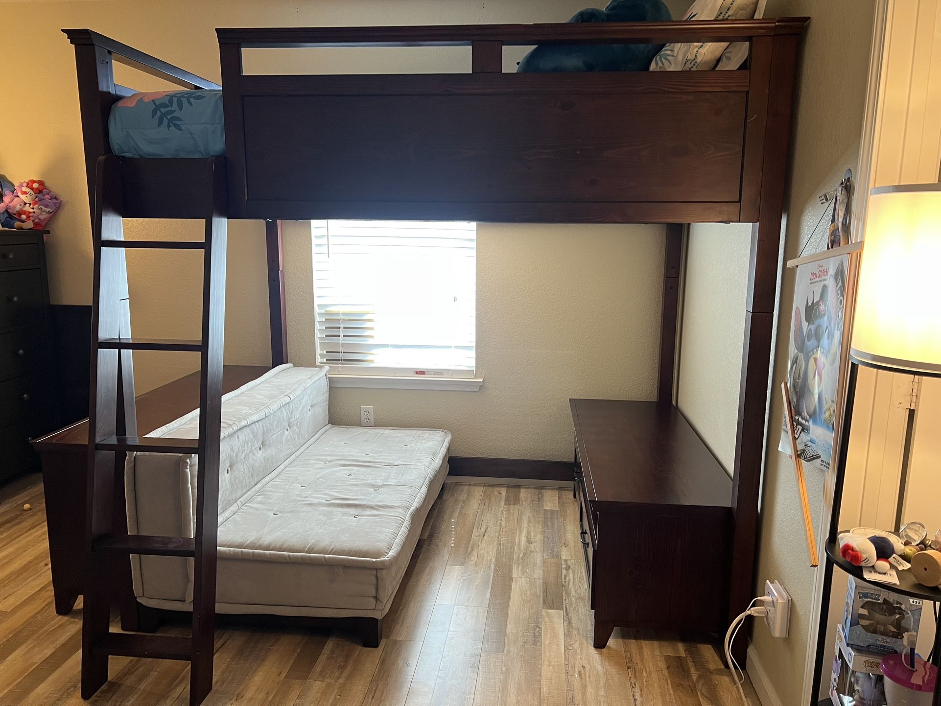 Hampton Full Loft Bed with Cushy Loveseat, Media & Bookcase Set