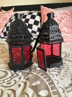Moorish Boho Lanterns – Set of 2 – Red Embossed Glass