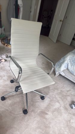White desk chair with silver trim
