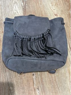 Grey Faux Suede Fringe Backpack Purse