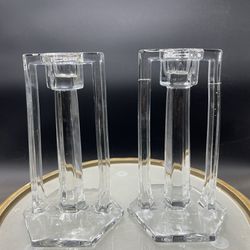 ANTIQUE PAIR (2) WESTMORELAND MISSION TRI-POST GLASS CANDLE HOLDERS 6.5” VG 