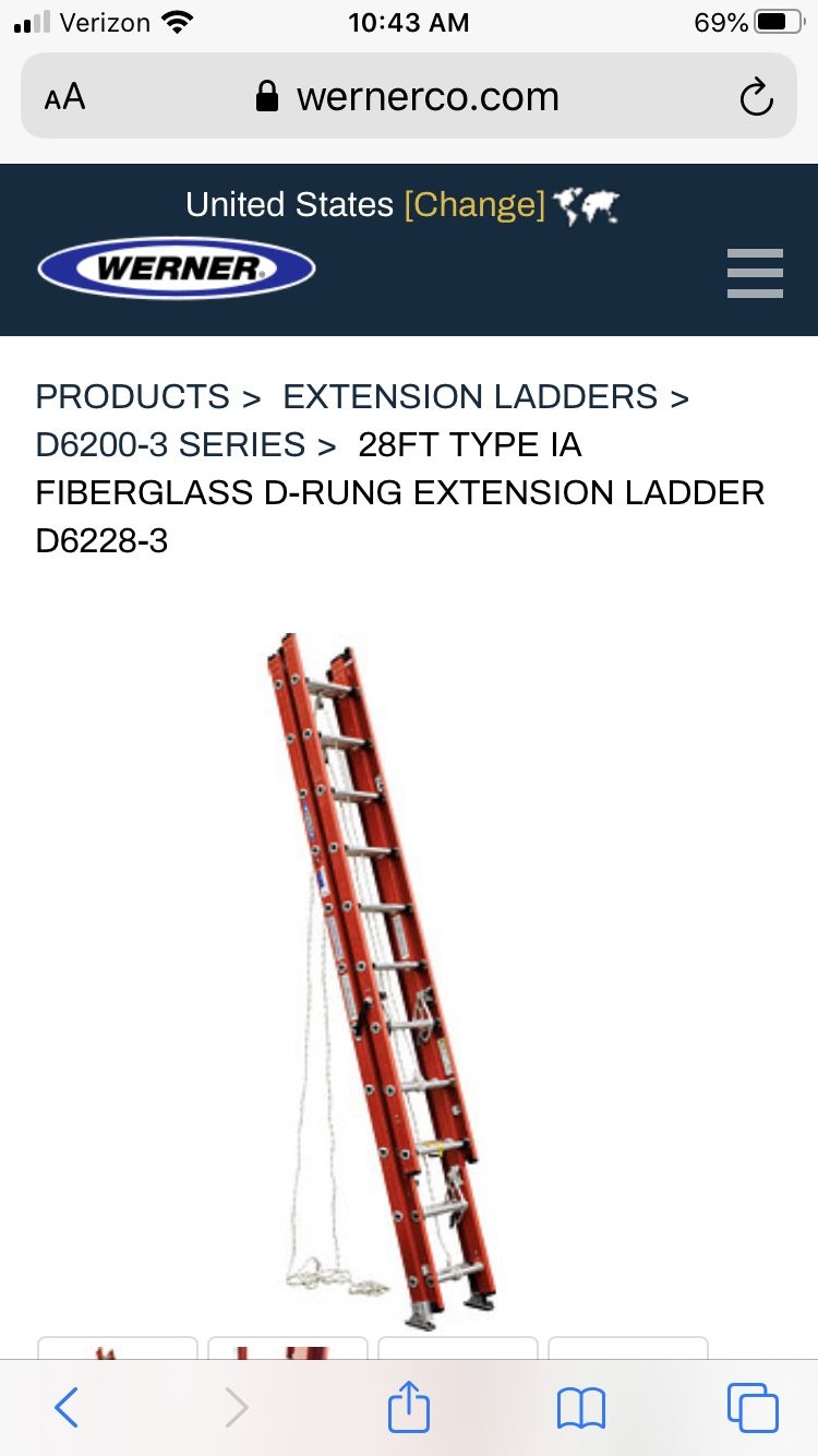 Werner 28’ extension ladder (3, 10’ sections make it about 11’ long total) so that it fits on a truck rack easily. Holds up to 300 lbs.