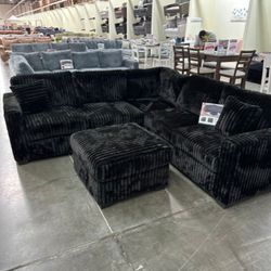 Stylish Black Sectional Sofa With Ottoman Fur-Like Jumbo Corduroy New