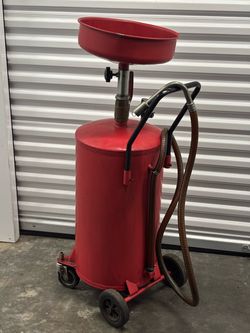 20-gallon portable air-operated waste oil drain tank with a red metal drum, rolling casters, and an adjustable-height collection funnel.