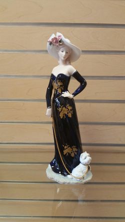 Porcelain Figurine/Statue. Woman with a dog (new) blue/gold/white