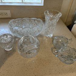 6 piece vintage cut Crystal Clear Glass Dish Set