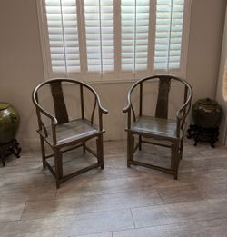 Pair of Chinese Ming-Style Horseshoe Back Carved Wood Armchairs