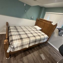 Wooden Bed Frame With Queen Size Mattress And Box Spring 