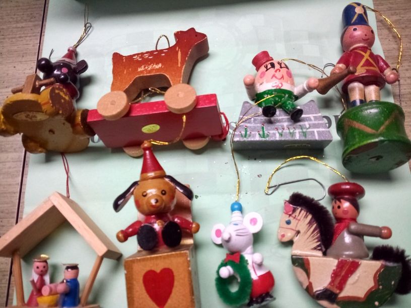 Eight Wooden Ornaments Several Collectible