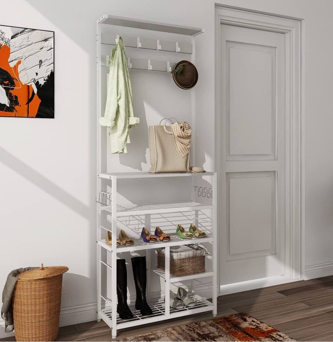 White Large 5-Tier Hall Tree Entryway Wooden Shoes Rack Shelf Coat Rack with Movable 9 Metal Hooks Storage Organizer for Home Office Bedroom Mudroom L