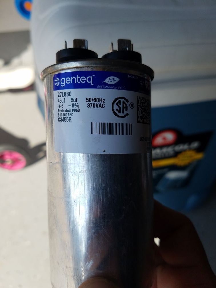 AC outside unit capacitor, GE Genteq Round Capacitor 45 5 uf MFD 370 Volt 97F9895 Z97F995 97F9895BZ3 27L880