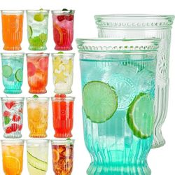 Vintage Drinking Glasses, 12 pcs Embossed Designed Highball Glasses, 16oz Glass Cups, Tall Water Glass Tumbler, Mojito Cup, Cocktail Glass, Vintage Gl