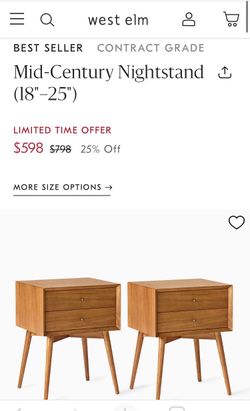 NEW West Elm Mid-Century 18” Nightstands SET OF 2 *Paid $645 Restoration Hardware CB2 Pottery Barn