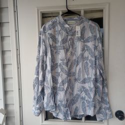 CARIBBEAN RTY Mens Banded Collar Long Sleeve Hawaiian Shirt Tropical Sz XL