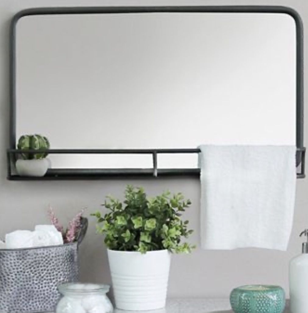 New silver metal framed wall mirror with shelf 24”x14” 4”D multi functional office to bathroom.
