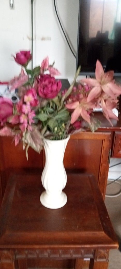 Vintage white flowers vase 10" in height with artificial flowers arraignment