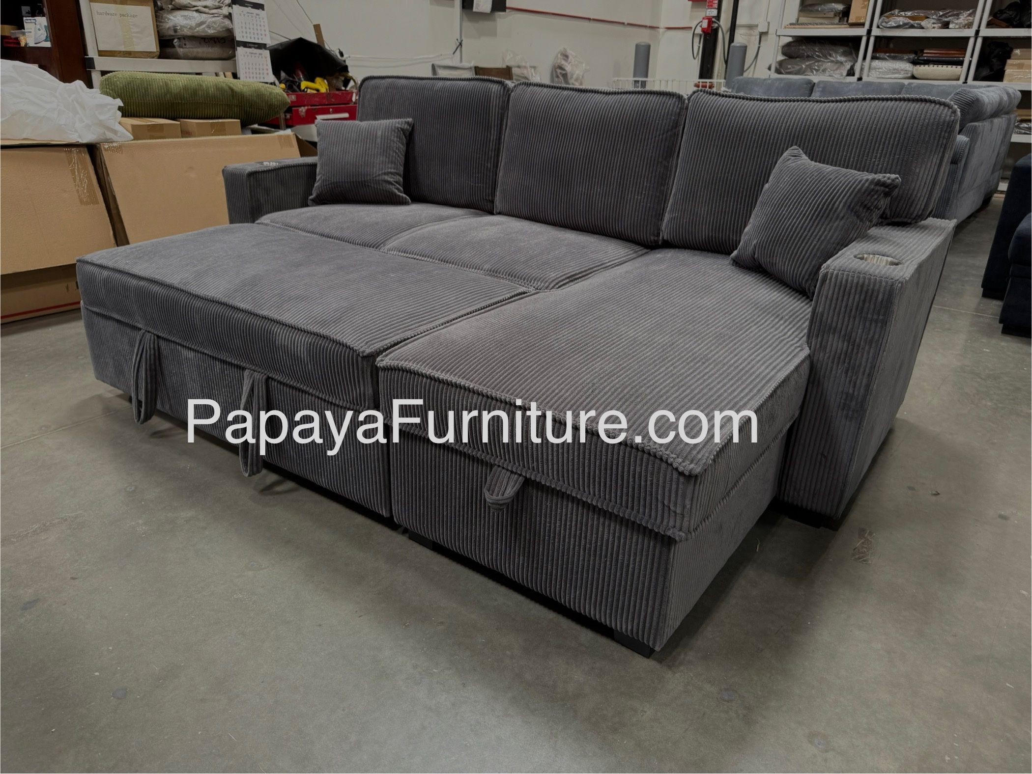 New! 89”L Reversible Grey corduroy Sectional Sofa Bed, Sectional Sofa Bed, Grey Sofa, Sleeper Sofa, Grey Couch, Reversible Sectional, Sectional Sofa W