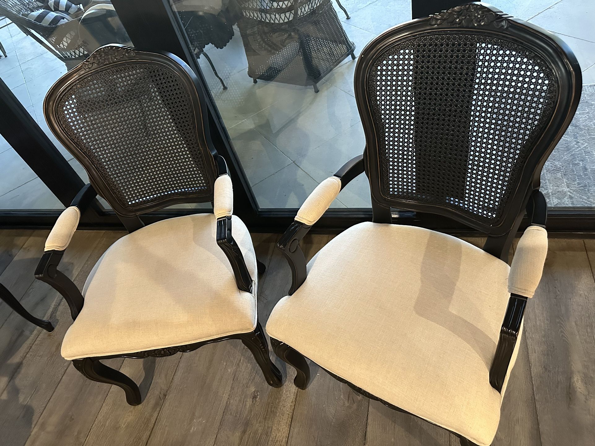 Pair Of Linen Seat And Arm Chairs With Cane Back