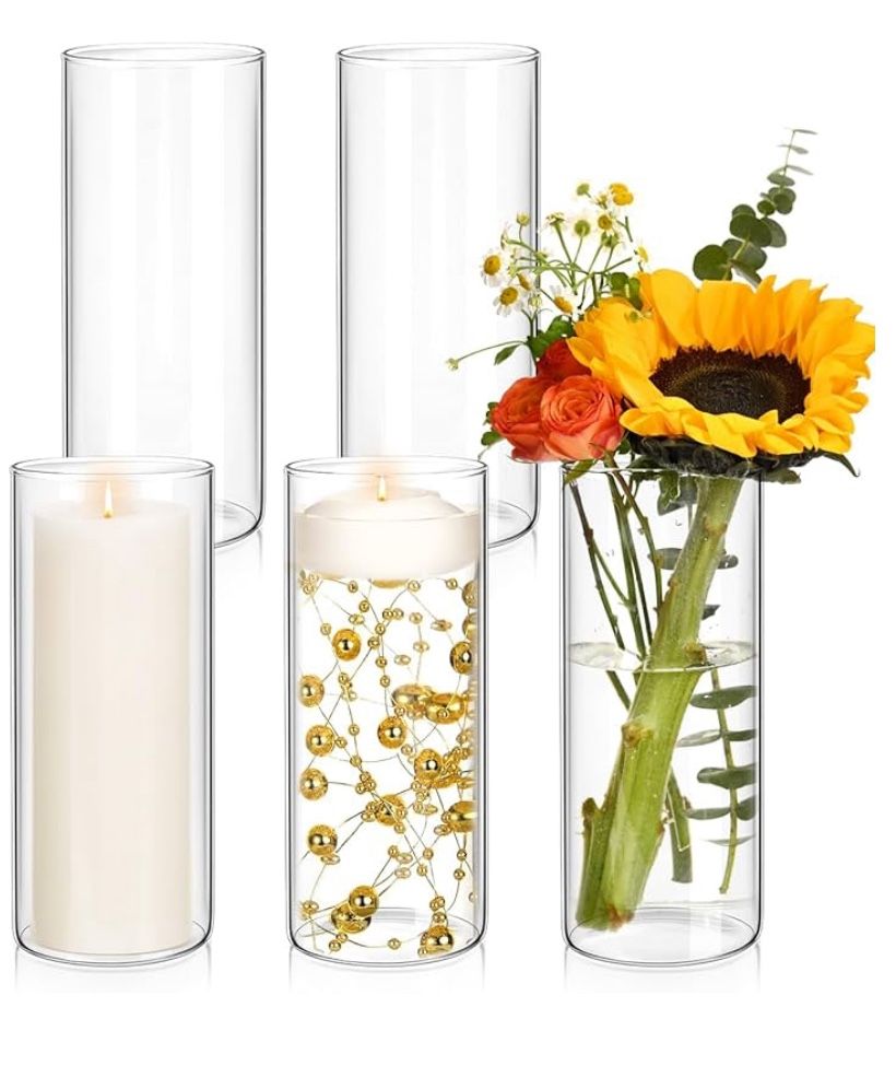 (05) 5 Pcs Glass Cylinder Vase for Centerpieces 10 Inch Tall Clear Glass Flower Vases Wedding Decorations Modern Bulk Cylinder Flower& Plant Vases for