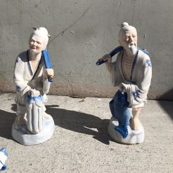 Delicate Porcelain Asian fisherman couple figurines large CIRCA 1970s