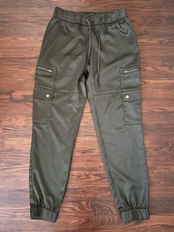 Olive Green Satin Cargo Jogger Pants