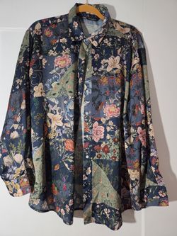 Zara Navy Floral Satin Button-Down Shirt – XL