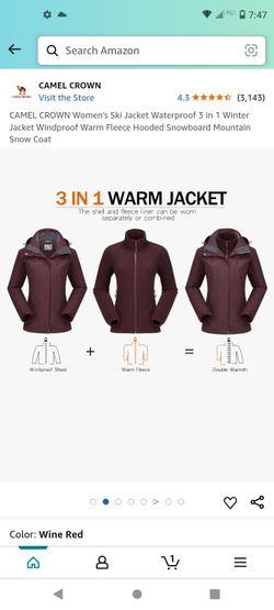 CAMEL CROWN Women's Ski Jacket Waterproof 3 in 1 Winter Jacket Windproof Warm Fleece Hooded Snowboard Mountain Snow Coat 
Size -s