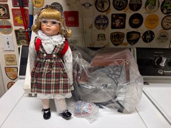 Porcelain Doll with School Desk
