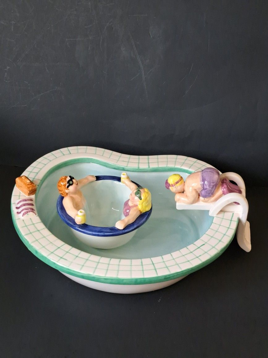Lotus 1995 Chip and Dip Bowl Set Swimming Pool Party Hot Tub Ceramic Vintage