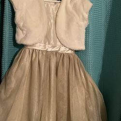  Girls Glitter Tulle Dress W/ Fur Vest, Size 12
