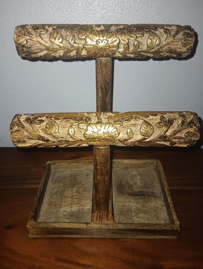 Hand Carved Wooden Jewelry Tree With Ring Trays 