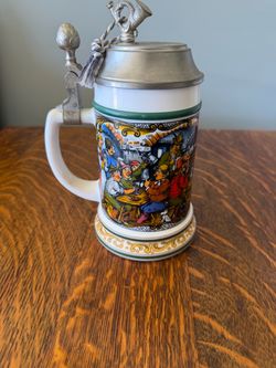 Vintage BMF West Germany Beer Stein Tavern Scene Pewter Lid Horn Finial