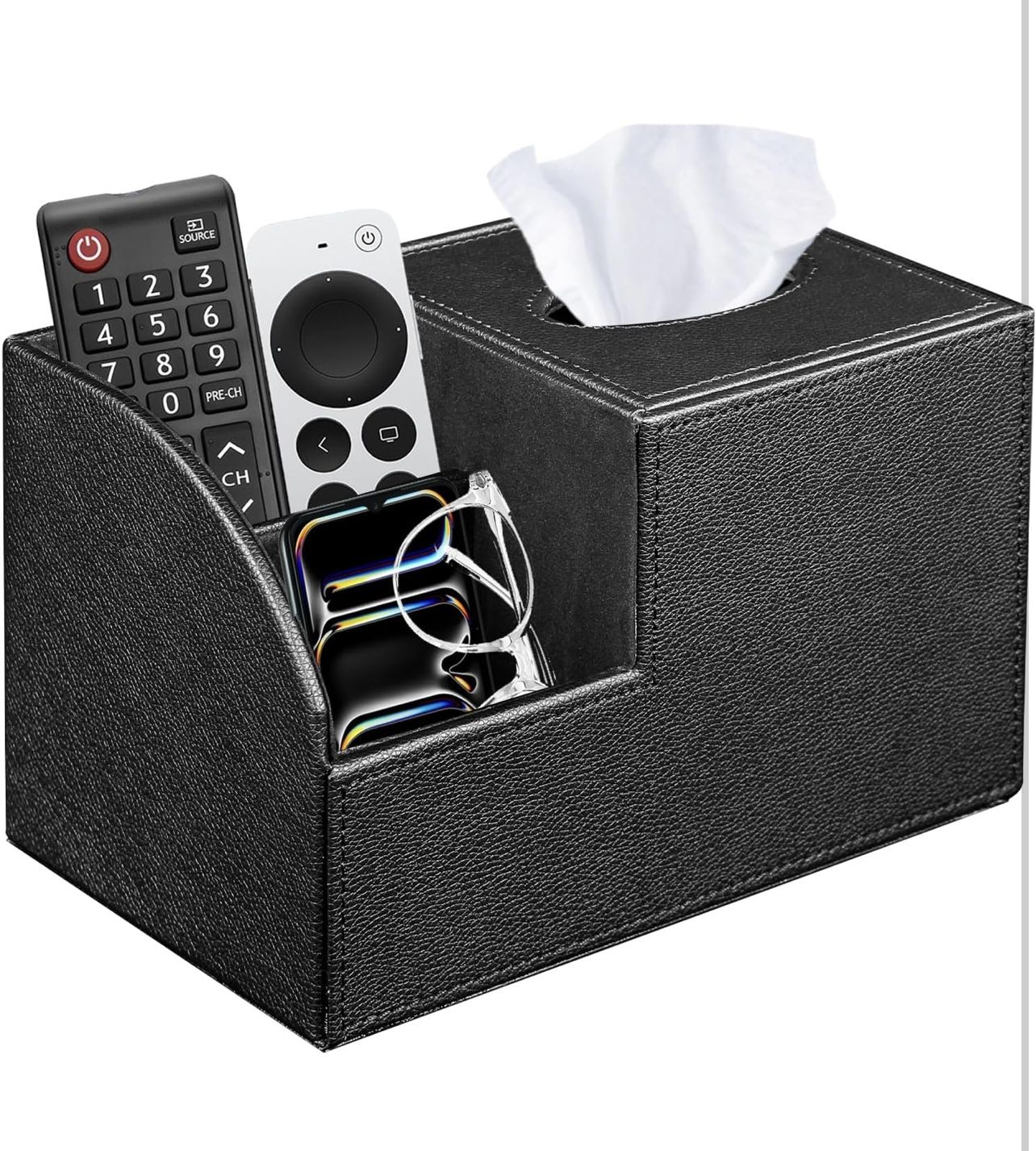 PU Leather Square Tissue Box Cover - Multi-Functional Tissue Box Holder, Tissue Box Cover with Storage,Tissue and Remote Control Holder, Cube Tissue B