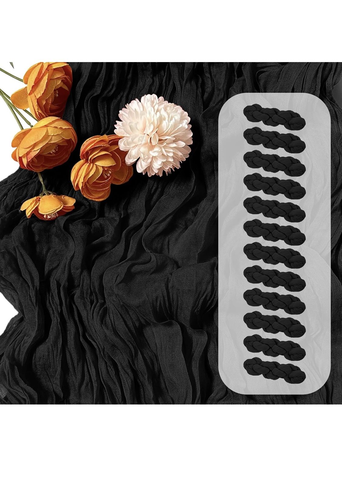 12 Pack 15x72 Inch Black Chiffon Table Runners, Semi-Sheer Fabric, Bulk Table Decor for Rustic Romantic Wedding Table Decor, Baby Shower