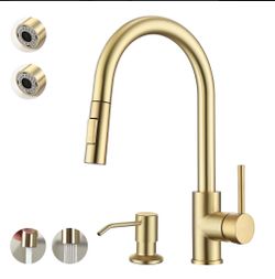 Brushed Gold Pull-Down Kitchen Faucet with Soap Dispenser