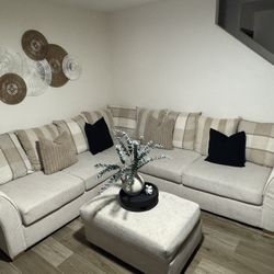Beige Sectional Couch with Ottoman