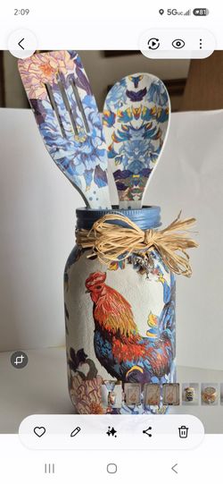 Handmade Rooster Decoupage Mason Jar