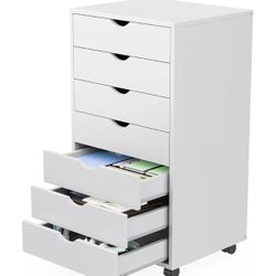 7 Drawer Chest - Storage Cabinets Dressers Wood Dresser Cabinet with Wheels Mobile Organizer Drawers for Office, Home, White