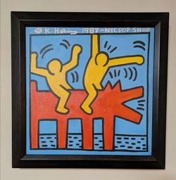Vintage Oil Painting on Canvas Board by Artist KEITH HARING, Signed and Dated 1987 (framed)