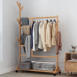 Nice Bamboo Wood Garment Rack Clothing Rack with roller,39” length