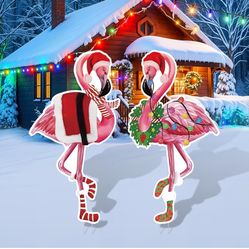 2 PCS Christmas Flamingo Yard Signs Decorations Pink Flamingo Lawn Sign Xmas Garden Stakes Ornaments for Tropical Beach Lawn Outdoor Home Christmas Pa