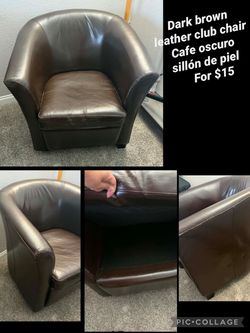 Dark brown leather club chair for $15