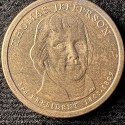 RARE-2007-P $1 Thomas Jefferson Position A Presidential Dollar coin. It features a composition of 88.5% Copper, 6% Zinc, 3.5% Manganese, and 2% Nickel