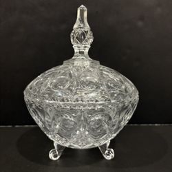 VTG Cut Glass Button/Diamond/Star Footed Candy/Nut Bowl w/Finial Lid “As Is”