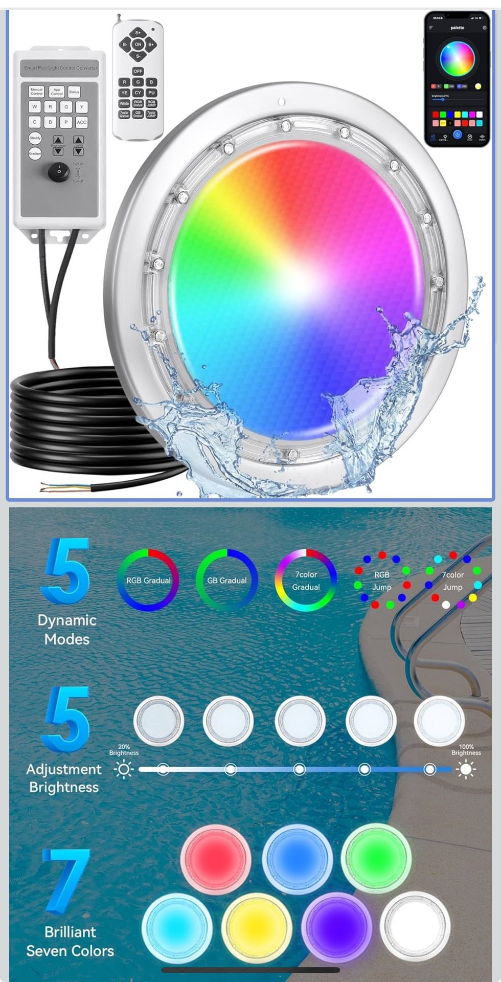 Led Pool Lights for Inground Pool,50FT Cord,60W 10 Inch Inground Pool Light with Controller,Remote and APP Control,Suitable for Most 10 Inch Wet Niche